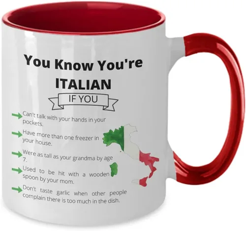 Vista 2 de Taza de café con texto en inglés "Funny Italy, You Know You're Italian Two-Tone 11oz", taza de café italiana, color rojo y blanco