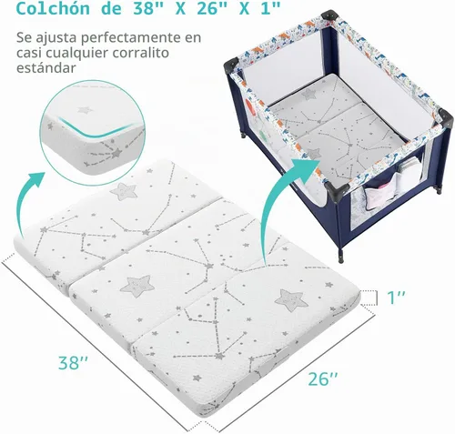 Vista 2 de YENING Colchón plegable de 38 x 26 pulgadas, impermeable, para Pack N Play Matress Topper transpirable