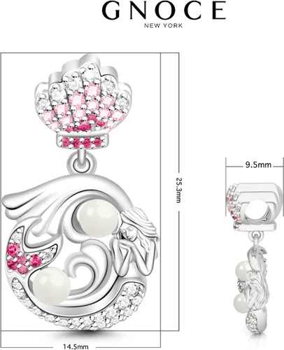 Vista 7 de GNOCE Dije de plata de ley 925 con diseño de sirena y perlas de oro rosa con circonitas cúbicas para pulseracollar, regalo para mujer (2 plata)