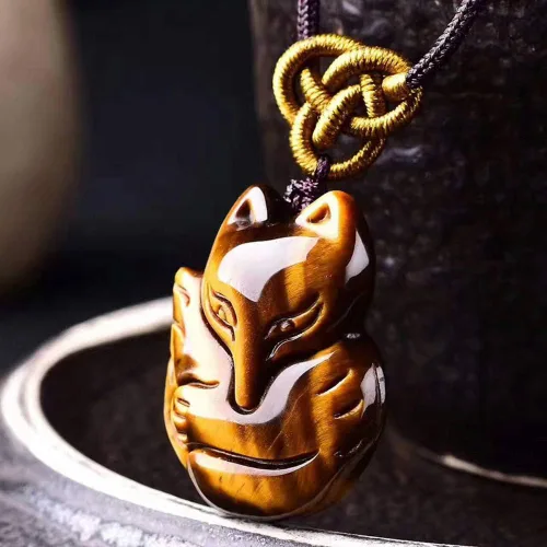 Vista 4 de Colgante de ojo de tigre tallado a mano collar de zorro con cadena amuleto de la suerte joyería fina para mujeres hombres regalos