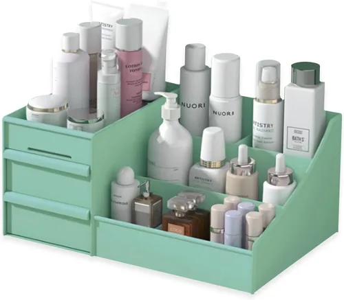 Vista 13 de Organizador de escritorio de maquillaje con cajones, organizador de cuidado de la piel para cosméticos, soporte de tocador para lápiz labial