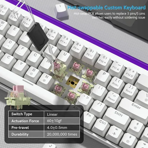 Vista 6 de Womier Teclado 60% con caja de luz, teclado mecánico con cable para juegos con teclas MCA, perfil OEM, programable, 64 teclas de intercambio