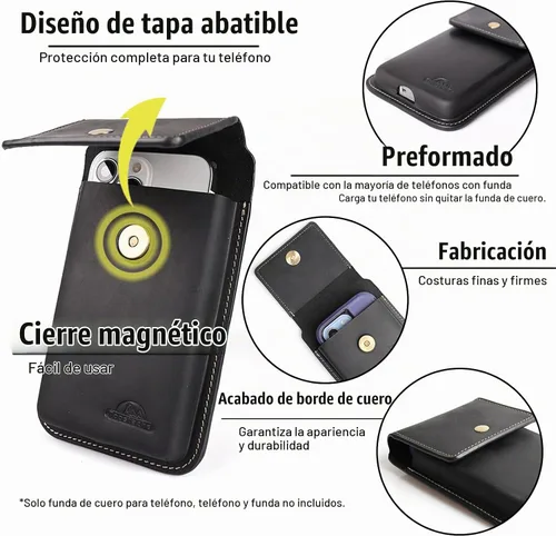 Vista 4 de Topstache Funda grande de cuero para cinturón, funda de celular con clip para cinturón para S23 S22, bolsa de cuero para iPhone 14 Pro, 14 Negro