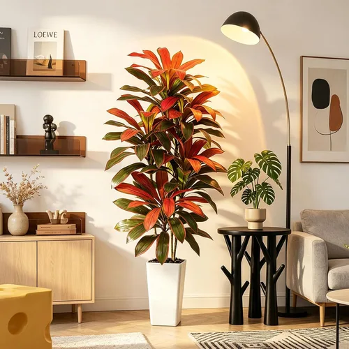 Vista 9 de Árbol de Dracaena artificial rojo de 6 pies, plantas falsas altas Hoja blanco-roja