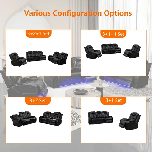 Vista 7 de Juego de sofá reclinable eléctrico con LED, juego de sofá de cuero transpirable para sala de estar, juego de sofá reclinable con puerto USB, Negro