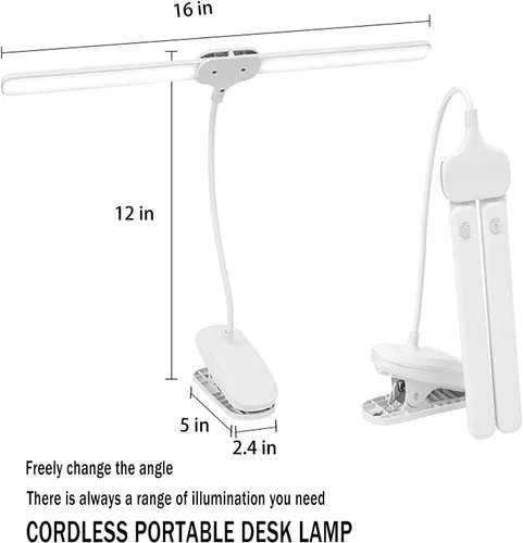 Vista 4 de Lámpara de escritorio LED de doble cabeza con abrazadera, luces de clip para oficina en casa, lámparas de mesa recargables de 4000 mAh, 3 modos
