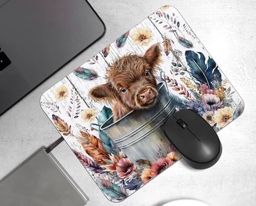 Vista 2 de OFlich Highland Cow - Alfombrilla para mouse, floral, 9.5 x 7.9 pulgadas, marrón rojizo, poliéster y poliuretano, base antideslizante, oficina
