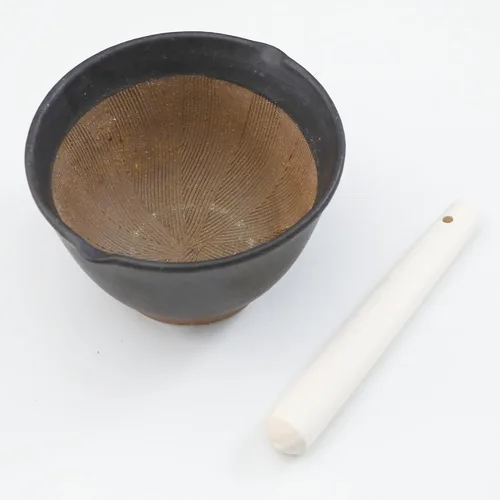 Vista 3 de Asayu Japanese Ceramic Black Mortar Bowl with Wooden Pestle 6.3 in (160 mm), Made in Japan Dishwasher and Microwave Safe Ripple Ridge Suribachi and