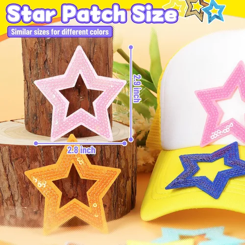 Vista 2 de Parches para planchar con estrellas abiertas para sombreros: funcolor 36 piezas de parches de estrellas de lentejuelas multicolor para bolsas