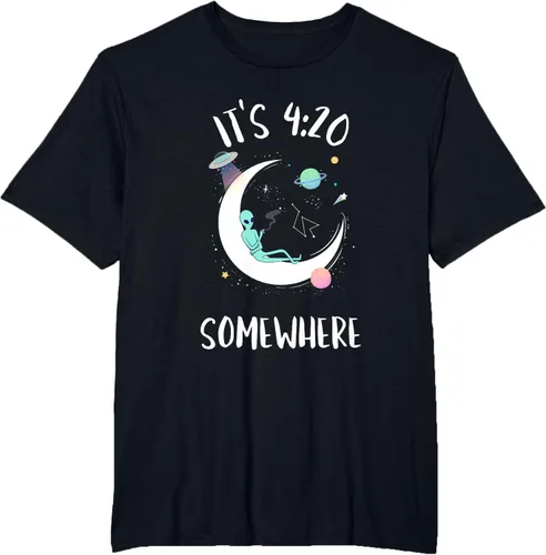 Vista 28 de Funny Weed Joint Smoking Moon Alien It's 4:20 Somewhere Camiseta, Negro, S