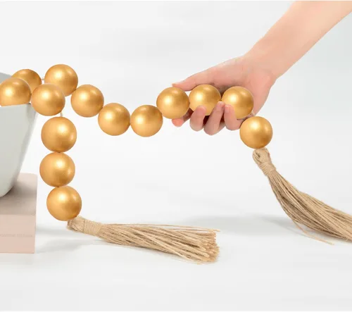 Vista 92 de OMISHE Guirnalda de cuentas de madera extra grande con cuentas de madera y borlas de 1.6 pulgadas de diámetro, cuentas decorativas rústicas de 41
