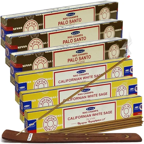 Vista 9 de Varillas de incienso de Sangre de Dragón y Palo Santo con soporte, paquete de variedad de la marca House of Nag Champa y Trumiri