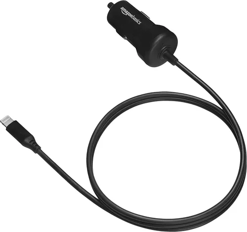 Vista 5 de Amazon Basics Cargador de coche de carga rápida de 12 W (5 V, 2.4 A) con cable Lightning en espiral para iPhone, iPad y dispositivos Apple, 1.5