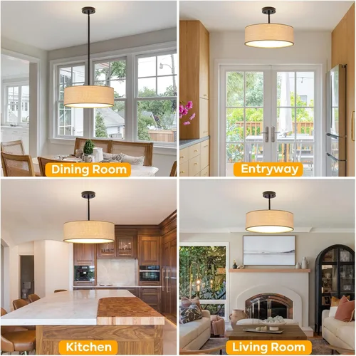 Vista 4 de Rattan Sloped Ceiling Light, 16.53" Woven Semi Flush Mount Boho Fabric Drum Shade, Pendant Lighting, for Dining Room, Foyer, Living Room, Hallway