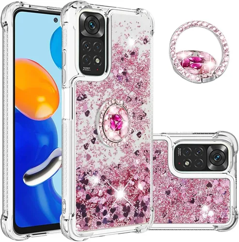 Vista 10 de CCSmall Para Xiaomi Redmi Note 11 4G Clear Glitter Case, Liquid Sparkle Quicksand Flowing Soft TPU Phone Cover con anillo de rotación de diamante