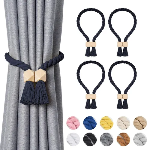 Vista 55 de NICEEC 2 Pack de Alzapaños Magnéticos de Madera en Forma de Cubo Boho para Decoración del Hogar, Alzapaños de Lino Tejidos a Mano para Cortinas Beige