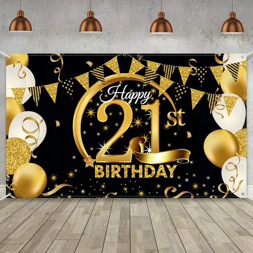 Vista 26 de Decoración de fiesta de cumpleaños número 15, cartel póster de tela extra grande negro y dorado para telón de fondo de cabina de fotos