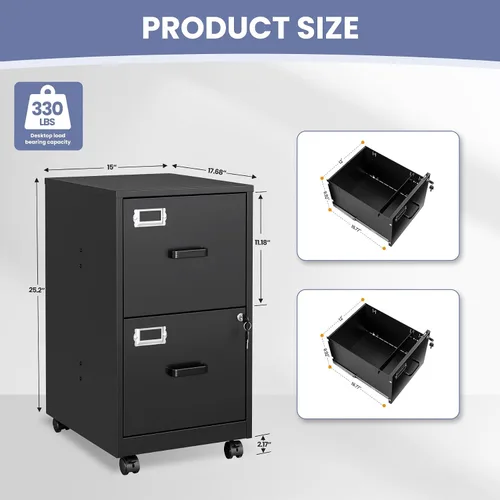 Vista 3 de Archivador de 2 cajones con cerradura, archivador vertical móvil para colgar carpetas tamaño A4/carta/legal, debajo del escritorio, pequeños