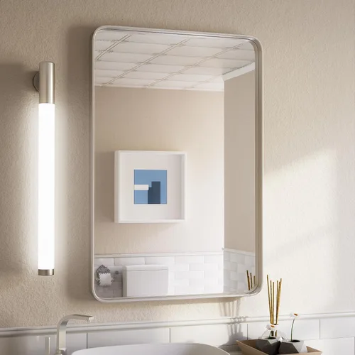 Vista 33 de ISKM Espejo con marco negro para pared de 20 x 16 pulgadas, espejo de tocador de baño antioxidante, vidrio templado, espejo rectangular redondeado