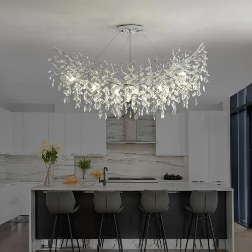 Vista 6 de Candelabro rectangular con ramas de árbol de cristal, L40 pulgadas, Mpdern de lujo cromado lineal Art Deco con forma de gota de lluvia para cocina