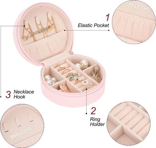 Vista 3 de Smileshe Joyero de viaje, mini organizador portátil con cremallera, de piel sintética, pequeñas cajas de almacenamiento para anillos, aretes