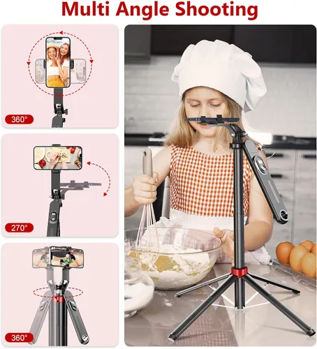 Vista 4 de Huryfox Trípode para teléfono Selfie Stick - Soporte para teléfono celular de 71 pulgadas de alto con control remoto inalámbrico desmontable