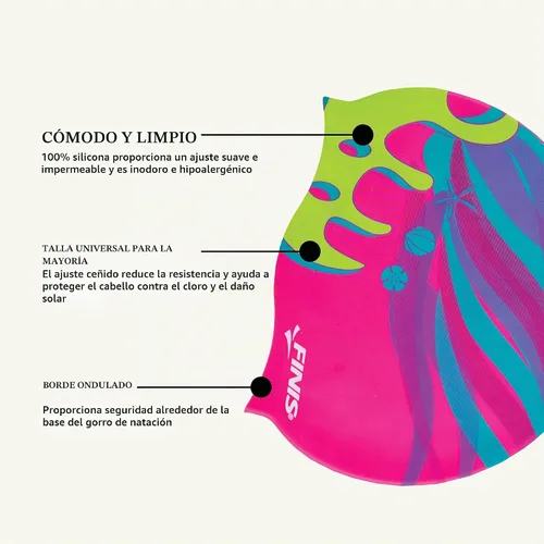Vista 4 de FINIS Gorra de silicona de sirena, divertido gorro de natación para niños con un ajuste universal, gorra de natación 100% de silicona con borde