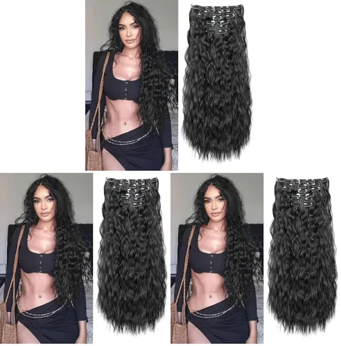 Vista 17 de Extensiones de cabello con clip, 6 unidades, extensiones de cabello largas con ondas de sirena, sintético, postizo para mujer, 24 pulgadas