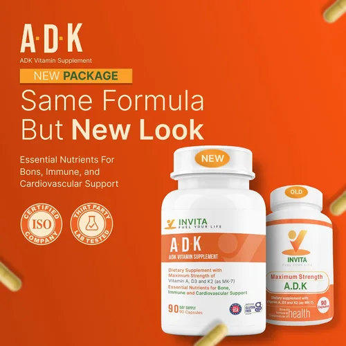 Vista 2 de INVITA, Suplemento vitamínico ADK – 90 cápsulas – Alta potencia de vitamina A, D3 5000 UI y K2-MK7 – Médico formulado para apoyo óseo, corazón e