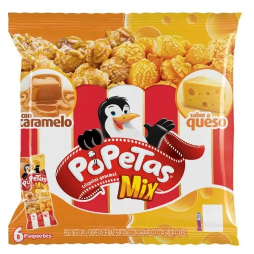 Vista 2 de Popetas Bocadillos de palomitas de maíz (Pck de 2 - 6 unidades por paquete) Palomitas de maíz con caramelo y queso Popetas Colombiana Snack
