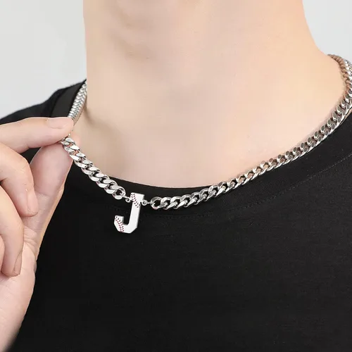 Vista 6 de Initial Necklace for Men Stainless Steel A-Z Letter Necklace Cuban Link Chain 18+2 Inch Personalized Baseball Football Soccer Basketball