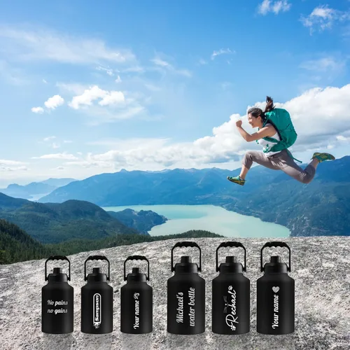 Vista 6 de Botellas de agua aisladas personalizadas de 64 onzas con tapas de mango de boquilla, nombre personalizado, logotipo, texto grabado, botella de agua