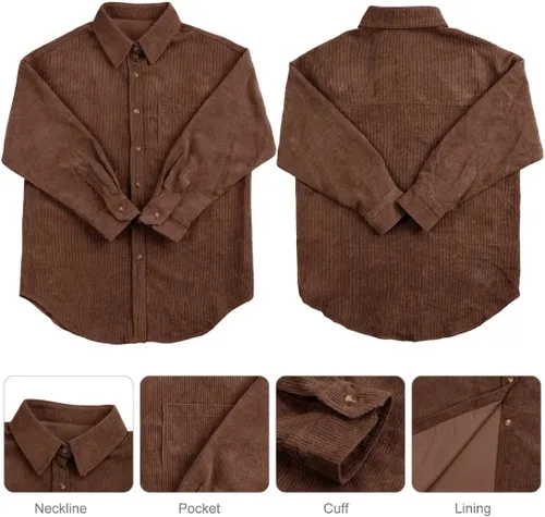 Vista 5 de Camisa de pana para mujer, blusa de gran tamaño, con botones, manga larga, cuello de solapa, camisas para mujer