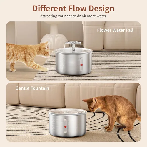 Vista 3 de Fuente de agua para gatos de acero inoxidable, fuente de agua para gatos de 68 onzas / 2.0 L con boquilla de cascada de flores, fuente de agua