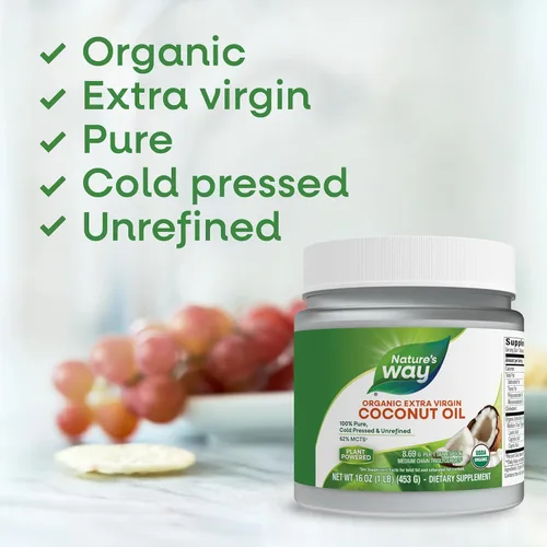 Vista 2 de Aceite de coco orgánico extra de Nature's Way, 32 onzas, 15673, 16 onza, 1, 1 Aceite de coco virgen orgánico, sin hexano, sin refinar, sin gluten