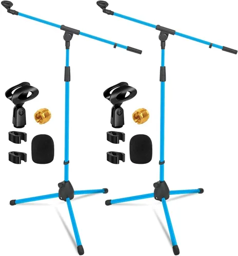 Vista 13 de Soporte de micrófono de 5 núcleos para piso, 2 soportes de micrófono de doble trípode ajustables con capacidad para 2 micrófonos con brazo