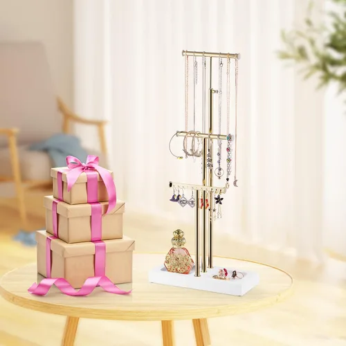 Vista 6 de Love-KANKEI Organizador de joyas colgante con base de metal y madera, soporte para collar con árbol de 3 niveles soporte para joyas para pulseras
