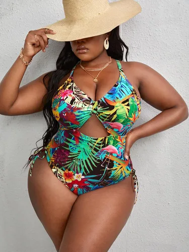 Vista 4 de WDIRARA Traje de baño de una pieza con estampado floral y cordón para mujer, talla grande