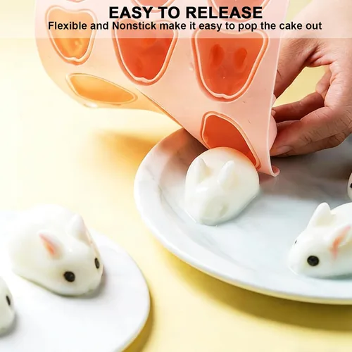 Vista 5 de Moldes 3D de silicona para cubitos de hielo de conejo, 2 moldes de resina de silicona en forma de conejo para mousse, fondant y helado, 6 cavidades