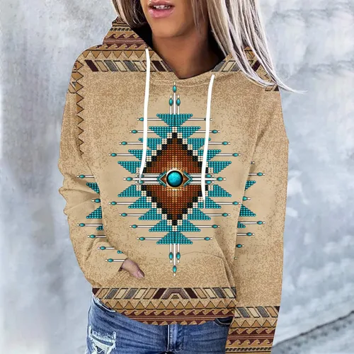 Vista 2 de DOLKFU Sudadera con capucha geométrica azteca occidental para mujer, suéter de manga larga, estilo vintage, casual