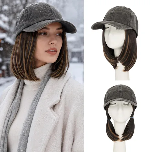 Vista 31 de S-noilite Gorra de béisbol de 6 pulgadas con peluca corta de peinado Bob