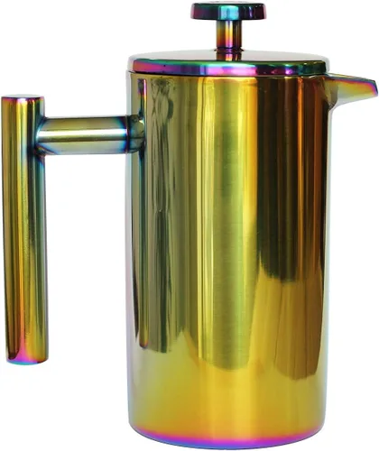 Vista 5 de Cafetera de prensa francesa – 1 o 2 tazas, pequeña cafetera de acero inoxidable, prensa francesa de doble pared, Arcoíris, 12oz/350ml
