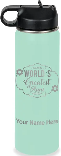 Vista 50 de LaserGram Botella de agua con tapa abatible de doble pared de 12 onzas con pajilla, la tía más grande del mundo, grabado personalizado incluido Negro