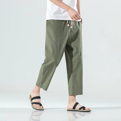Vista 6 de PRIJOUHE Pantalones harén para hombre, casuales, ligeros, holgados, pantalones capri de lino con cintura elástica
