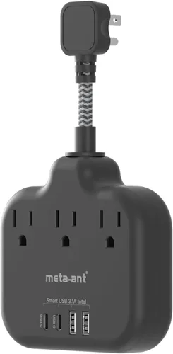 Vista 8 de Divisor de enchufes múltiples, tira de alimentación de cable ultracorto de 0.2 pies de 1625 W, 3 tomacorrientes, 4 USB (2 USB-C), extensor
