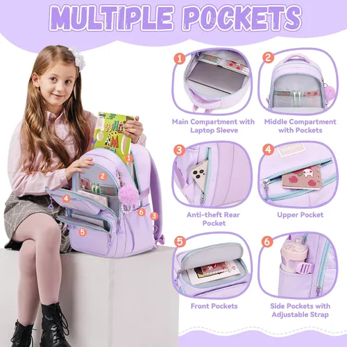 Vista 3 de MOONBABY Mochila para niñas para la escuela, bolsa de libros Kawaii para estudiantes de primaria, niños, adolescentes y adultos