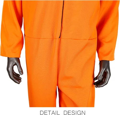 Vista 5 de Disfraz de prisionero naranja para adultos, disfraces de Halloween para mujeres y hombres, overol de recluso, cosplay penitenciario, fiesta