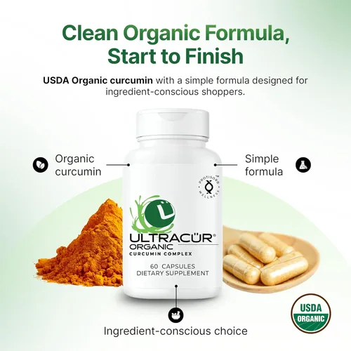 Vista 3 de UltraCur Curcumina de cúrcuma orgánica certificada por USDA, la curcumina que puedes sentir!™ Tecnología patentada de EE. UU. - El 70%
