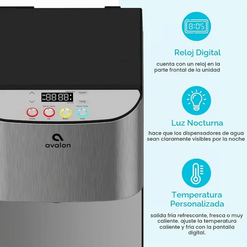 Vista 3 de Avalon Dispensador de agua eléctrico sin botella, 3 temperaturas, reloj digital con control de temperatura, autolimpieza, acero inoxidable
