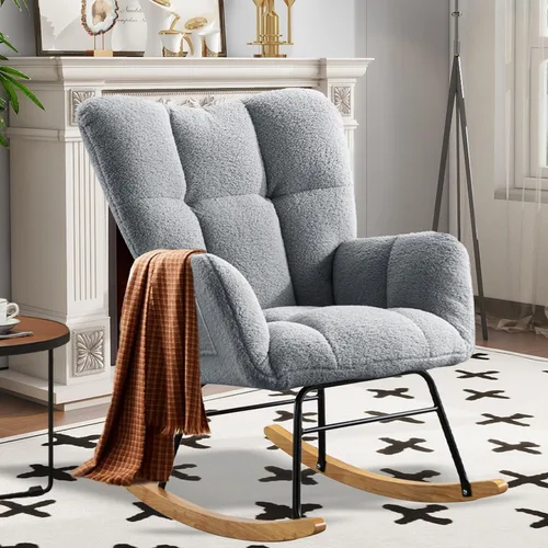 Vista 9 de Mecedora tapizada para cuarto de bebé, asiento acolchado con respaldo alto, patas de madera maciza para guardería, dormitorio, sala de estar